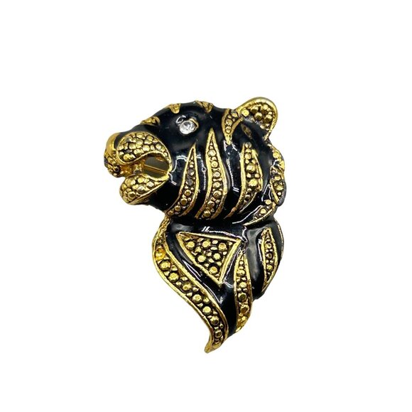 Vintage Gold & Black Enamel Tiger Pin Brooch with Rhinestone Eye Animal Head Pin - Picture 1 of 6